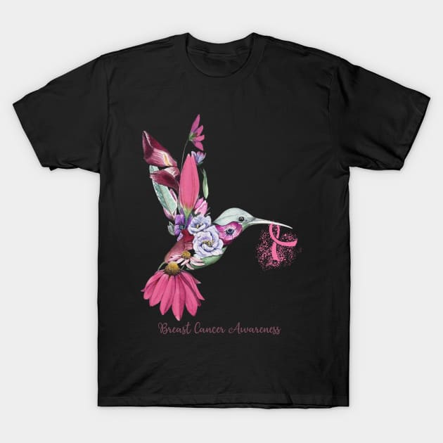 Breast Cancer Awareness Humming Bird Flowers Ribbon T-Shirt by Margaretsantana